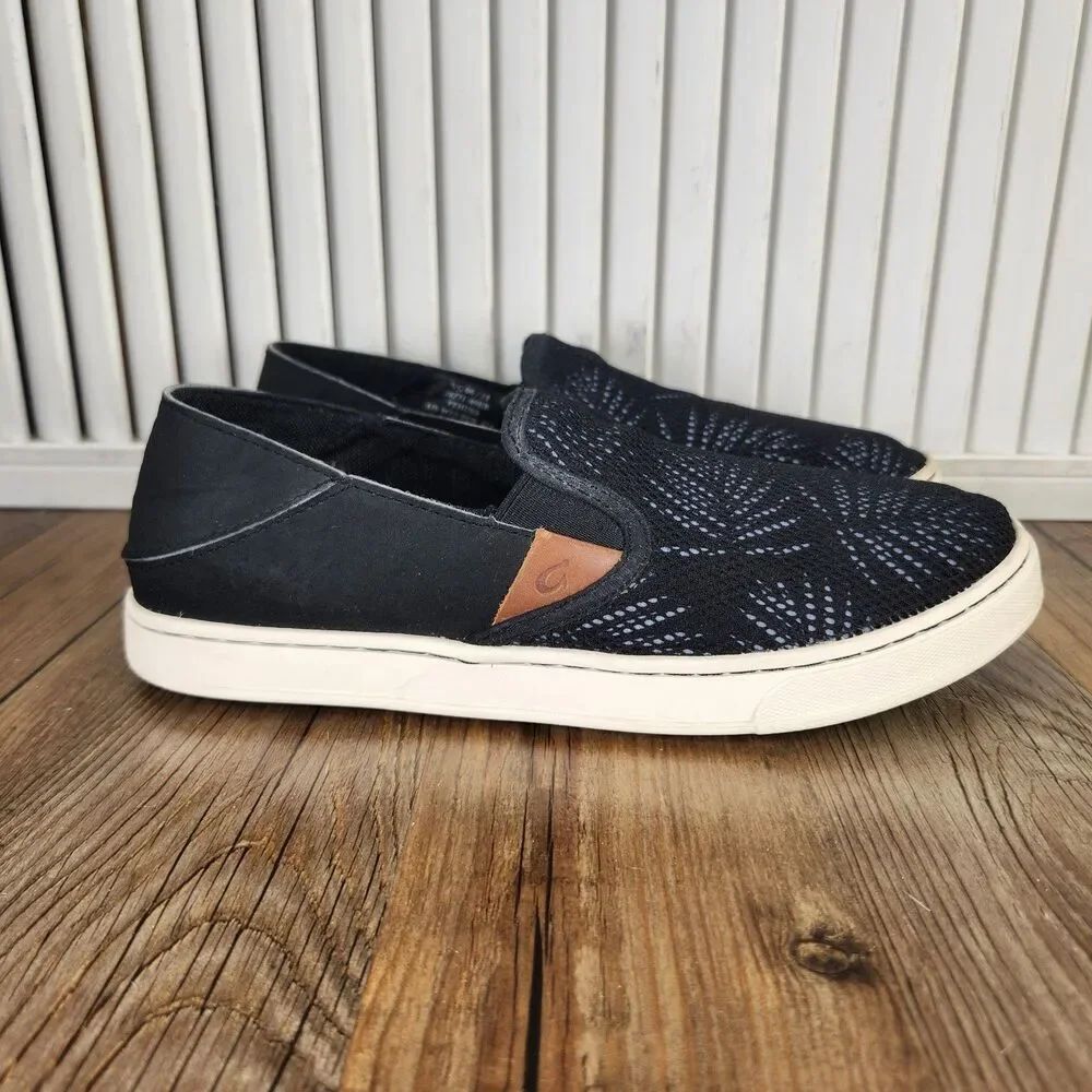 Olukai Pehuea Loafer Womens Sz 7.5 Black Palm Slip On Hawaiian Aloha Beach Shoes